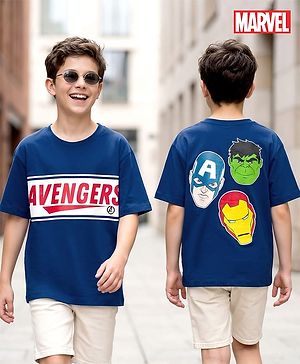 Pine Kids Marvel Cotton Knit Drop Shoulder Half Sleeves T-Shirt with Front & Back Avengers Graphic - Navy Blue