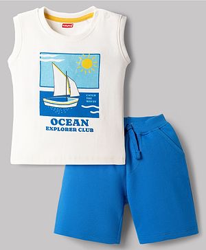 Babyhug Single Jersey Knit Sleeveless T-Shirt & Shorts Set With Sailboat Print - White & Blue