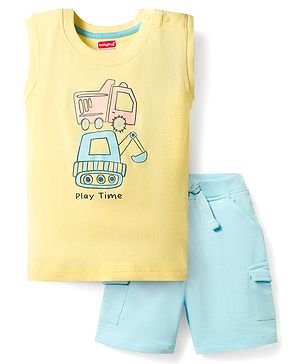 Babyhug Slub Jersey Knit Sleeveless Construction Vehicles Printed Tank T-Shirt & Shorts Set - Yellow & Light Blue