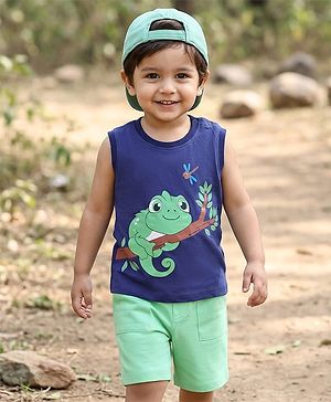 Babyhug Knit Sleeveless Tank T-Shirt & Shorts Set with Chameleon - Navy Blue & Green