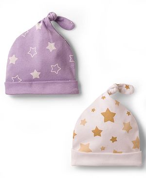 Babyhug 100% Cotton Knit Caps with Star Print Pack of 2 Multicolor - Diameter 9.5 cm
