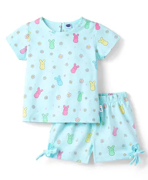 Teddy Sinker Knit Half Sleeves
                              T-Shirt & Shorts Co-ord Night Suit
                              with Bunny & Floral Print - Light
                              Blue