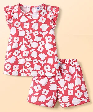 Teddy Single Jersey Knit Frill Sleeves
                      T-Shirt & Shorts Set With Floral Print - Pink
