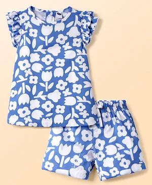 Teddy Single Jersey Knit Frill
                              Sleeves T-Shirt & Shorts Set With
                              Floral Print -Blue