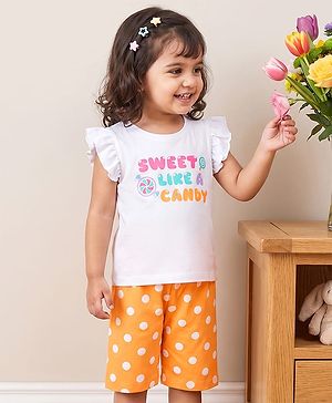Babyhug Cotton Knit Half  Sleeves T-Shirt & Capri Night-Suit With Text & Polka Dots - White & Yellow