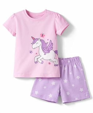 Babyhug Cotton Knit Half  Sleeves T-Shirt & Shorts Night Suit With Unicorn & Star Print - Pink