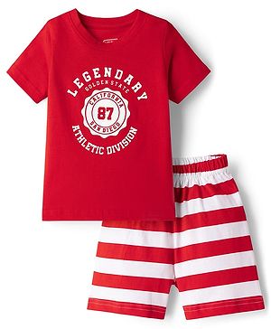 Babyhug Cotton Knit Half  Sleeves T-Shirt & Striped Shorts Night-Suit With Text Print - Red