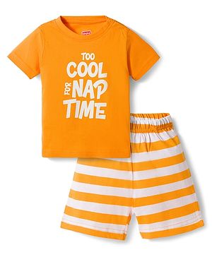 Babyhug Cotton Knit Half Sleeves Striped T-Shirt & Shorts Night Suit with Text Print - Orange