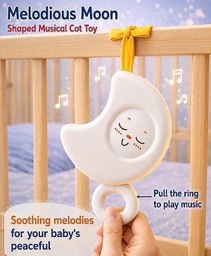 Babyhug Melodious White Moon Musical Cot Toy for Newborns and Toddlers, Battery-Free, Soft ABS Material, Soothing Melodies, Safe and BIS Certified for Infant Use