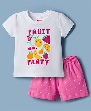Babyhug Cotton Knit Half Sleeves T-Shirt & Shorts Night Suit With Fruit Print - White