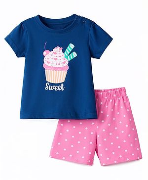 Babyhug Cotton Knit Half  Sleeves T-Shirt & Shorts Night-Suit With Cupcake & Polka Dots Print - Navy Blue & Pink