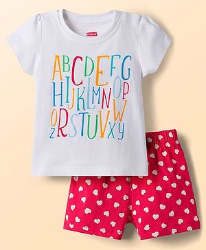 Babyhug Cotton Knit Half  Sleeves T-Shirt & Shorts Night-Suit With Heart & Alphabet Print - White