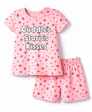 Babyhug Cotton Knit Half  Sleeves T-Shirt & Shorts Night-Suit With Star Print - Pink