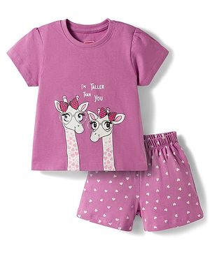 Babyhug Cotton Knit Half Sleeves T-Shirt & Short Night Suit with Giraffe Print - Lavender