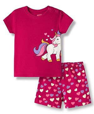 Babyhug Cotton Knit Half Sleeves T-Shirt & Short Night Suit with Unicorn & Heart Print - Dark Pink