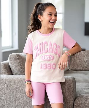 Pine Kids Cotton Knit Half Sleeves Top & Shorts Set with Chicago Print - Pink