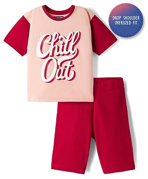 Pine Kids Cotton Knit Drop Shoulder Half Sleeves Top & Shorts Set with Chill Out Print - Red