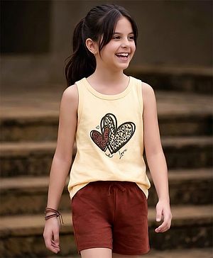 Pine Kids Cotton Knit Sleeveless Top & Shorts Set With Heart Print - Off White