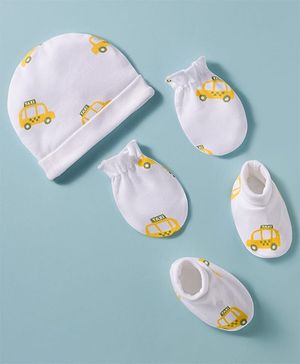 Babyhug 100% Cotton Knit Cap Mittens & Booties Set with Taxi Print White - Diameter 10 cm