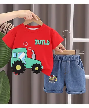 POP STREET KIDS Cotton Blend Knit
                              Half Sleeves Tractor & Build Text
                              Printed Tee & Shorts Set - Red