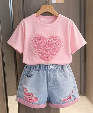 POP STREET KIDS Cotton Knit Half
                              Sleeves Sequins Embellished & Pleated
                              Frill Heart Applique Detailed Tee With
                              Distressed Shorts Set - Pink