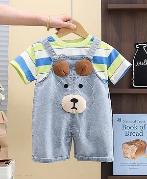 POP STREET KIDS Cotton Blend Denim
                              Bear Face Applique Detailed Dungaree With
                              Half Sleeves Striped Tee - Green
