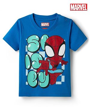 Babyhug Marvel Cotton Knit T-Shirt with Half Sleeves and Spiderman Graphics Blue 6-9 Months