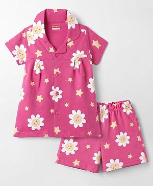 Babyhug Cotton Knit Front Open Half Sleeves Co-Ords Floral Printed Short Night Suit - Dark Pink