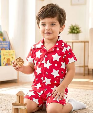 Babyhug Cotton Knit Half Sleeves Shirt & Shorts Co-ord Night Suit With Star Print - Red