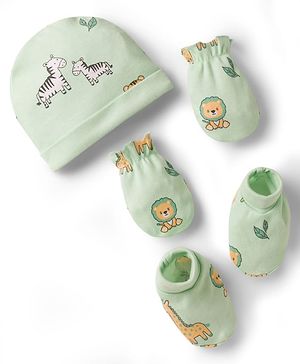 Babyhug 100% Cotton Interlock Knit Animal Printed Cap Mittens & Booties Set Light Green - Diameter 11 cm