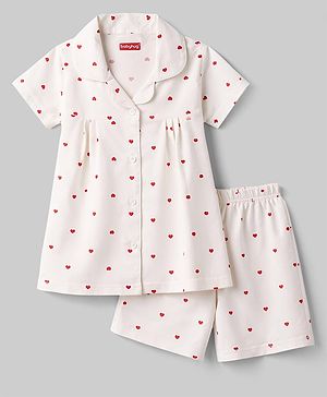 Babyhug Cotton Knit Half Sleeves Co-Ord Top & Shorts Night-Suit With Heart Print - Peach