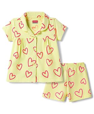 Babyhug Cotton Knit Half Sleeves Hearts Printed Co-Ords Top & Shorts Night Suit - Lime Green