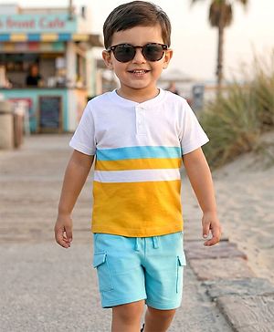 Babyhug Single Jersey Knit Half Sleeves Striped T-Shirt & Shorts Set - Multicolor