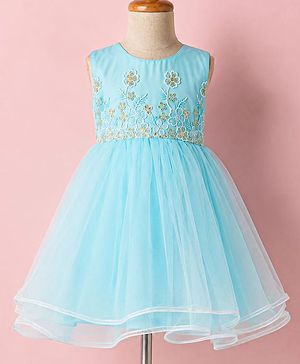 Babyhug Mesh Woven Sleeveless Floral Embroidered Fit & Flare Party Frock With Lace Detailing - Aqua Blue