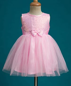 Babyhug Mesh Woven Sleeveless Fit & Flare Party Dress with Bow & Sequin Detailing - Light Pink