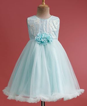 Babyhug Mesh Woven Sleeveless Party Dress With Sequin Detailing & Floral Corsage - Mint