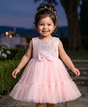 Babyhug Mesh Woven Sleeveless Party Wear Frock With Sequin Detailing & Bow Applique - Peach