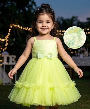 Babyhug Mesh Woven Sleeveless Tiered Fit & Flared Party Frock with Sequin & Bow Detailing - Yellow