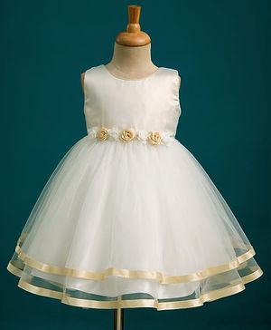 Babyhug Mesh Woven Sleeveless Shimmer Party Dress With Floral Corsage - Off White & Gold