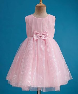 Babyhug Mesh Woven Sleeveless Party Dress With Sequin Detailing & Bow Applique - Light Pink