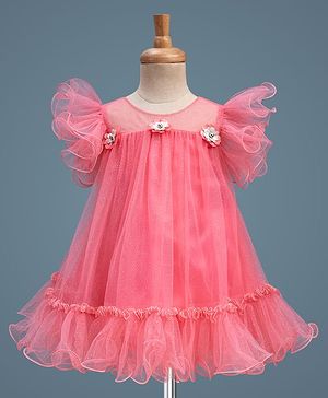 Babyhug Mesh Woven Sleeveless A-Line Party Dress With Floral Applique - Pink