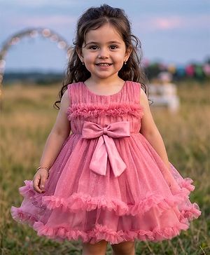 Babyhug Mesh Woven Sleeveless Fit & Flare Party Dress With Bow Applique - Pink