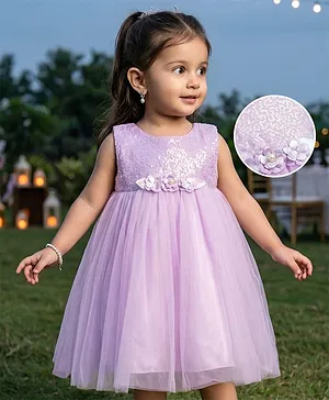 Babyhug Mesh Woven Sleeveless Party
                              Dress With Floral Corsage & Sequin
                              Detailing - Lavender