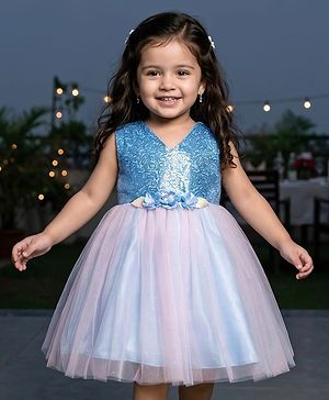 Babyhug Mesh Woven Sleeveless Party Wear Frock With Sequin Detailing & Floral Corsage - Light Blue