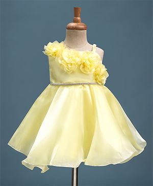 Babyhug Tussor Woven Sleeveless Fit & Flare Party Dress With Sequin Detailing & Corsage - Lemon Yellow