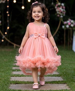 Babyhug Mesh Woven Sleeveless Party Dress With Sequin Detailing & Bow Applique - Peach