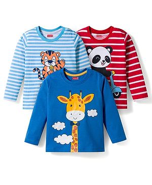 Babyhug Cotton Knit Full Sleeves Striped T-Shirts with Animal Print Pack of 3 - Blue White & Red