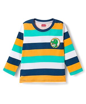 Babyhug Cotton Knit Full Sleeves Striped T-Shirt with Dino Print - Multicolor