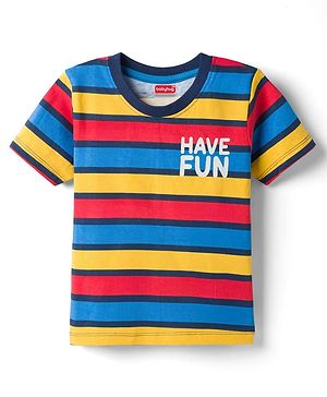 Babyhug Cotton Knit Half Sleeves Striped T-Shirt with Have Fun Print - Multicolor