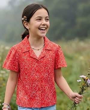 Pine Kids 100% Cotton Knit Half Flutter Sleeves Floral Printed Top - Red